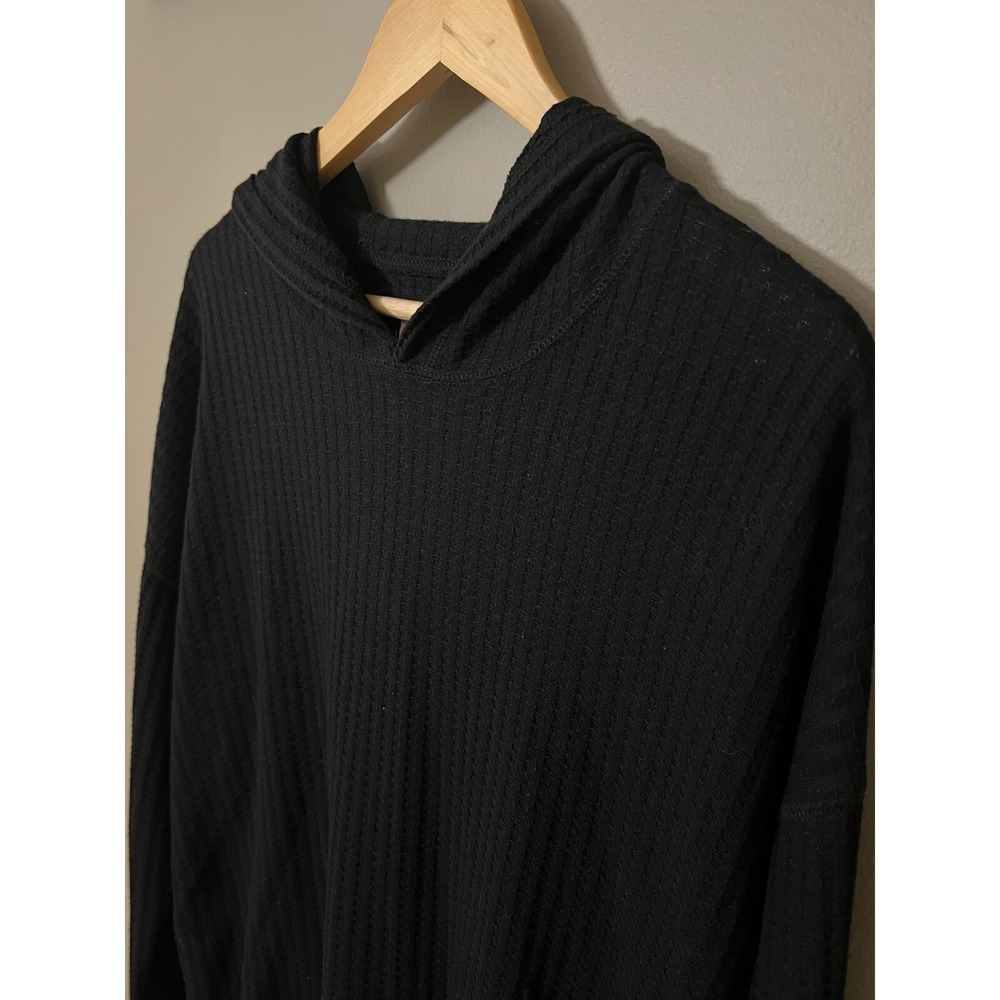 Chaser Hooded Waffle Knit Thermal Shirt Womens Pullover Black Lounge Top